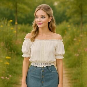 Cottagecore Cream Embroidered Ruffle Puff Sleeve Gauze Crop Top Size S